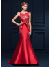 Beaded Red Lace Satin Keyhole Back Fantastic Evening Dress 